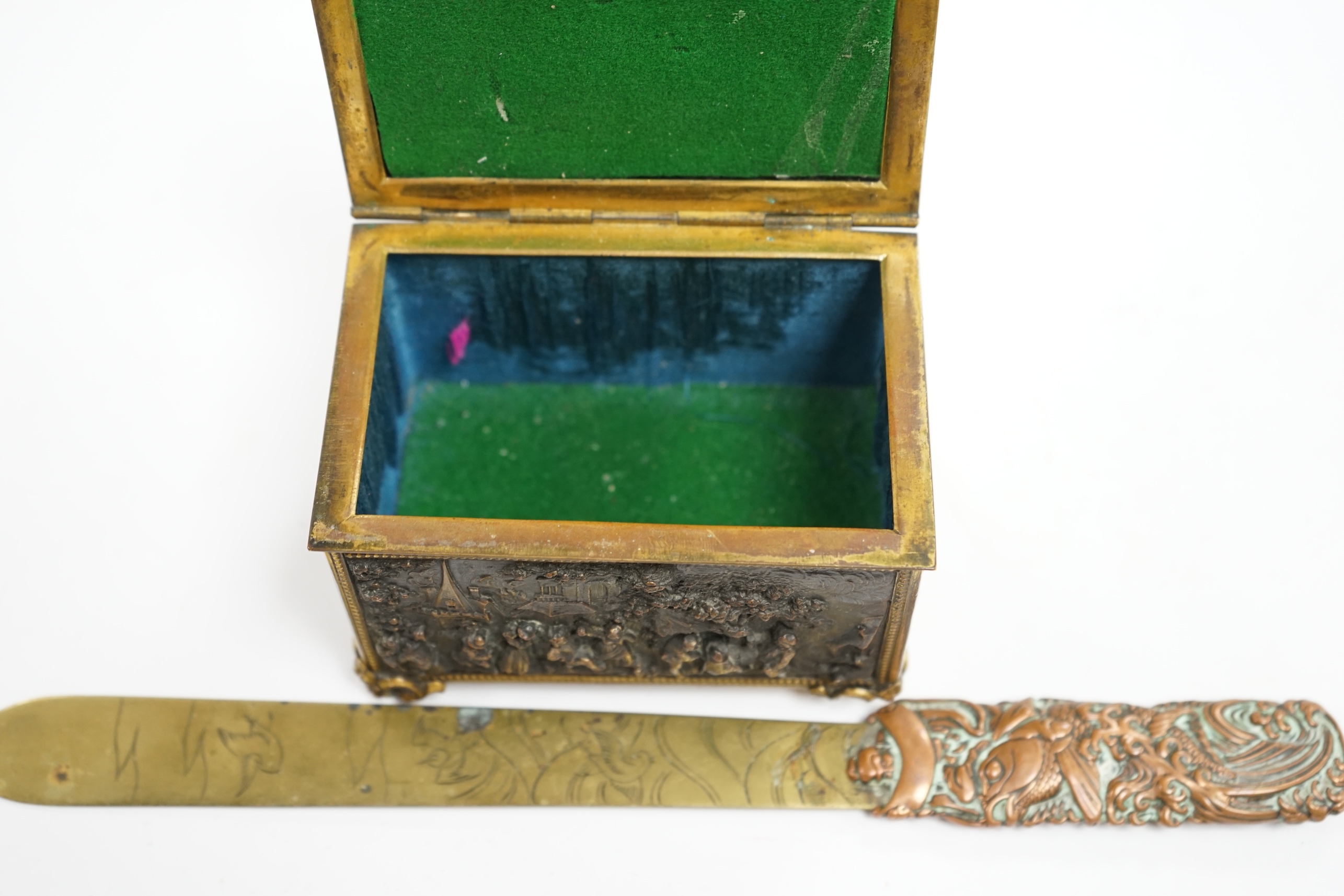 A Paris cast repousse figurative casket and a Japanese copper and brass paper knife, knife 30cm long. Condition - fair